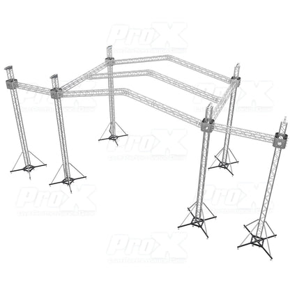 ProX Stage Roofing Truss System with Ground Support and Chain Hoists F34 Aluminum Complete Package | 30 ft W x 20 ft L x 23 ft H | PR3 12D With Speaker Wings