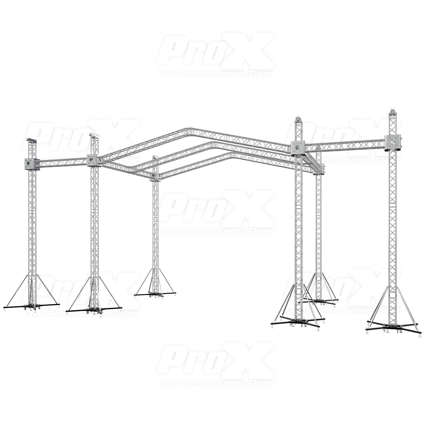 ProX Stage Roofing Truss System with Ground Support and Chain Hoists F34 Aluminum Complete Package | 30 ft W x 20 ft L x 23 ft H | PR3 12D With Speaker Wings