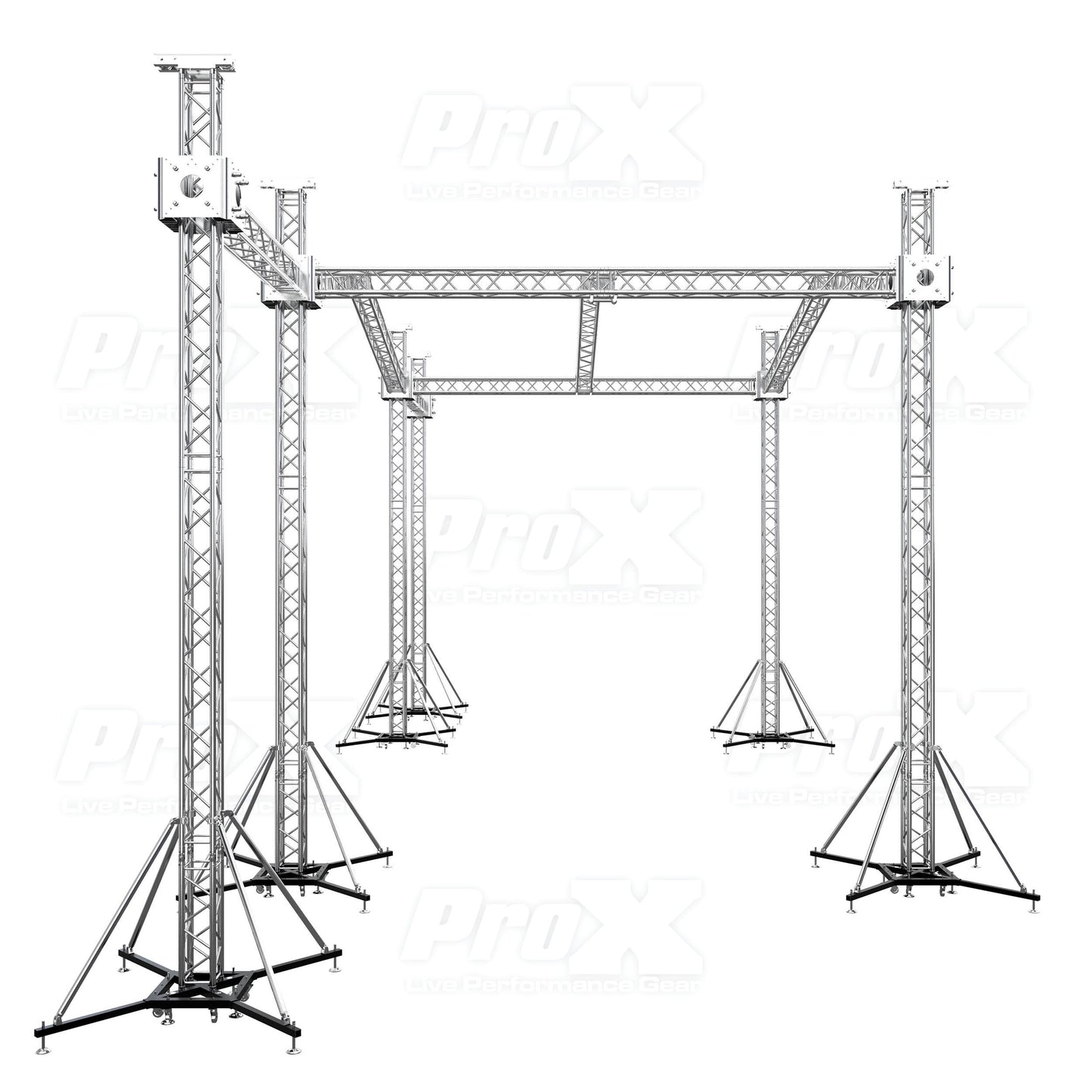 ProX Stage Roofing Truss System with Ground Support and Chain Hoists F34 Aluminum Complete Package | 30 ft W x 20 ft L x 23 ft H | PR3 12D With Speaker Wings