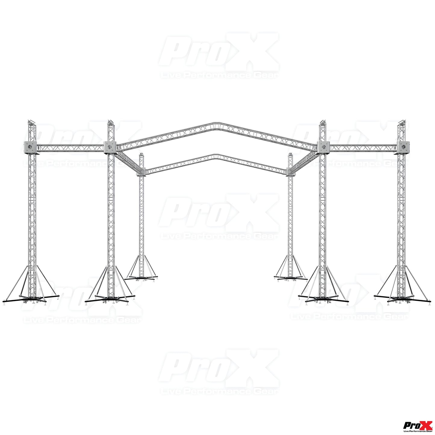 ProX Stage Roofing Truss System with Ground Support and Chain Hoists F34 Aluminum Complete Package | 30 ft W x 30 ft L x 23 ft H | PR2 12D With Speaker Wings