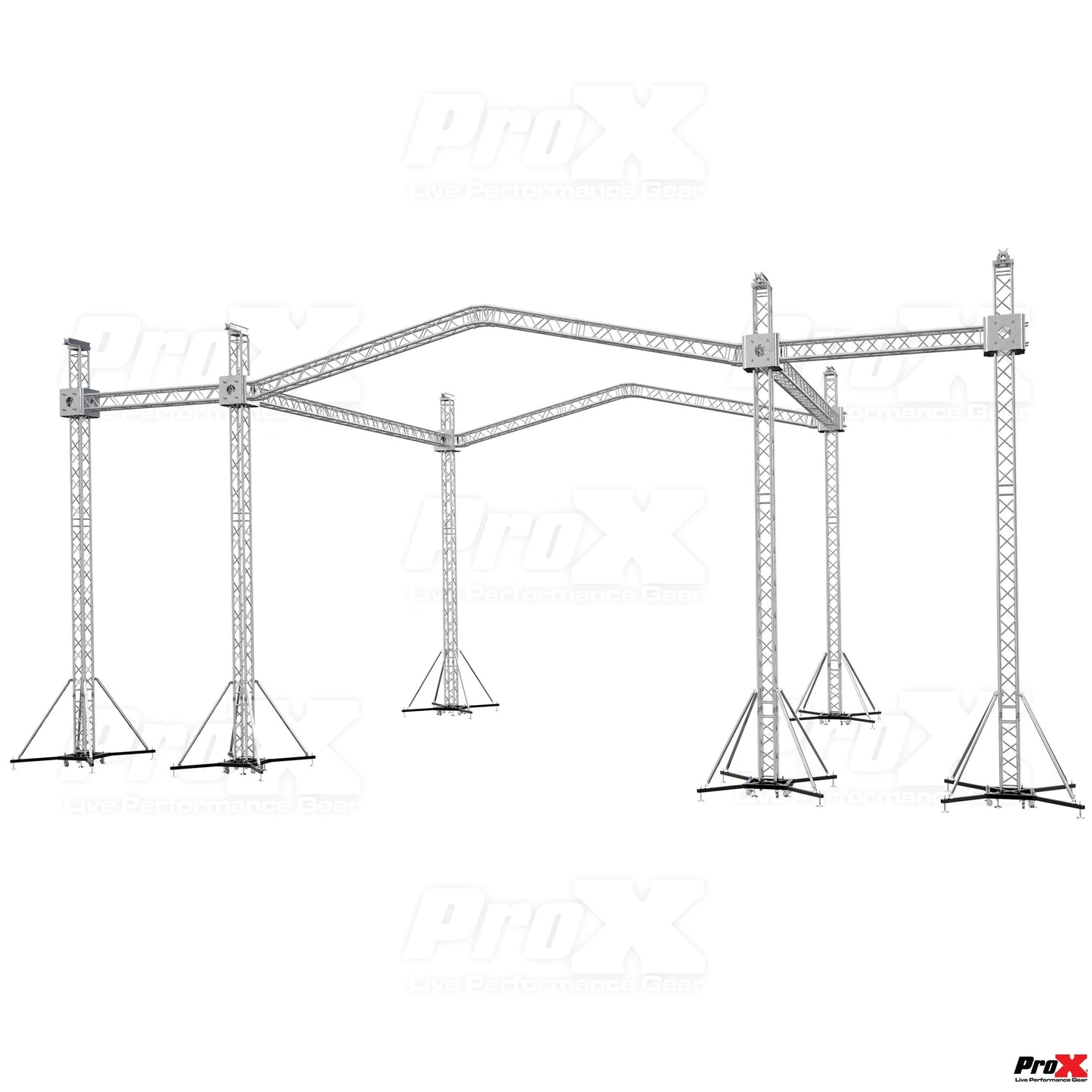 ProX Stage Roofing Truss System with Ground Support and Chain Hoists F34 Aluminum Complete Package | 30 ft W x 30 ft L x 23 ft H | PR2 12D With Speaker Wings