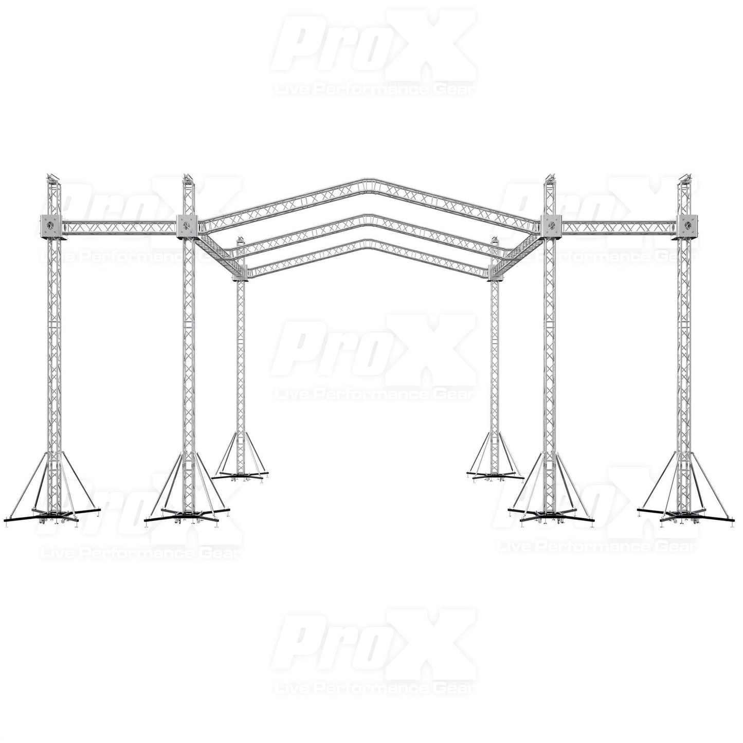 ProX Stage Roofing Truss System with Ground Support and Chain Hoists F34 Aluminum Complete Package | 30 ft W x 30 ft L x 23 ft H | PR3 12D With Speaker Wings