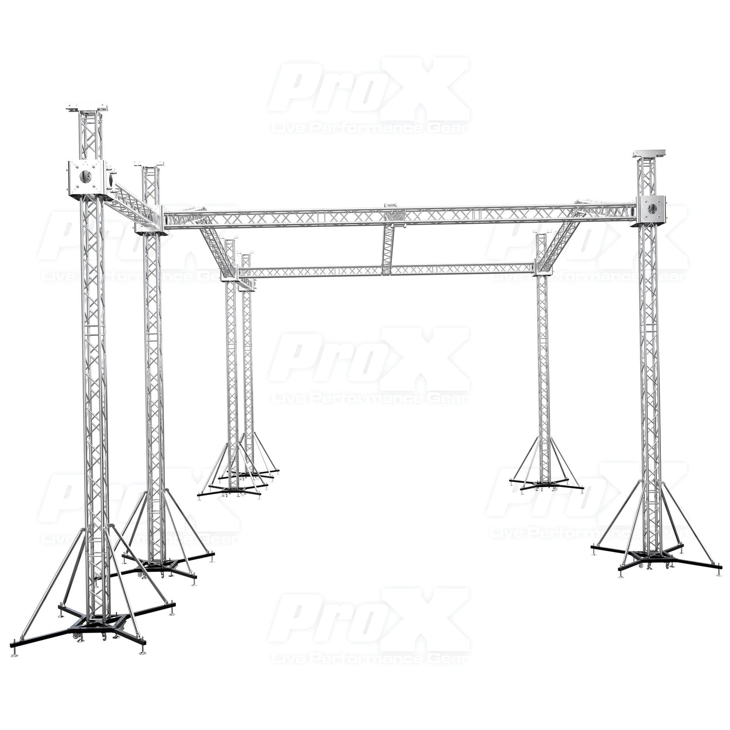 ProX Stage Roofing Truss System with Ground Support and Chain Hoists F34 Aluminum Complete Package | 30 ft W x 30 ft L x 23 ft H | PR3 12D With Speaker Wings