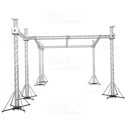 ProX Stage Roofing Truss System with Ground Support and Chain Hoists F34 Aluminum Complete Package | 30 ft W x 30 ft L x 23 ft H | PR3 12D With Speaker Wings