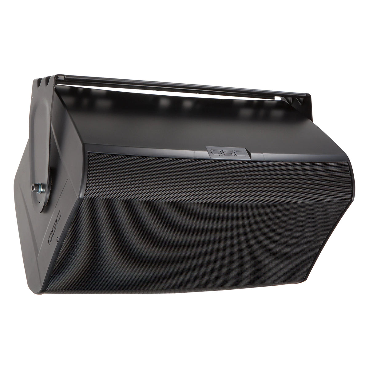 AD-S12 yoke mount in black shown front-right angle with yoke arm bolted to cabinet side and QSC logo badge on grille, Q-SYS