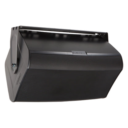 AD-S12 yoke mount in black shown front-right angle with yoke arm bolted to cabinet side and QSC logo badge on grille, Q-SYS