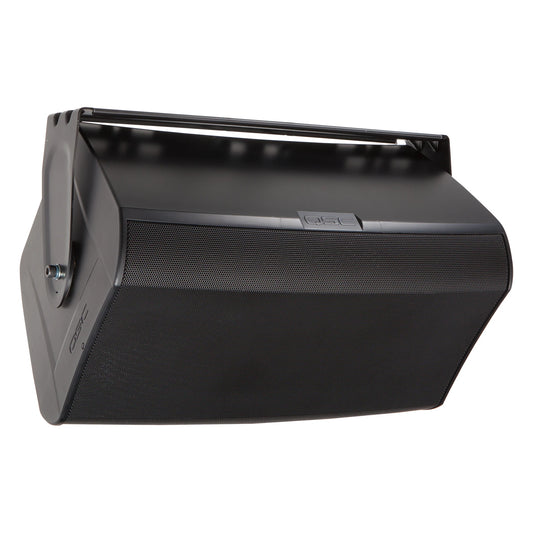 AD-S12 yoke mount in black shown front-right angle with yoke arm bolted to cabinet side and QSC logo badge on grille, Q-SYS