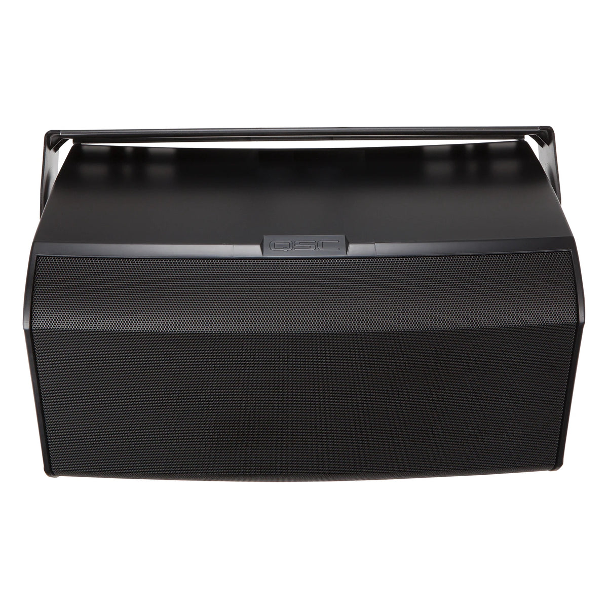 AD-S12 yoke mount in black front view showing U-bracket spanning the top of the perforated steel grille cabinet, Q-SYS