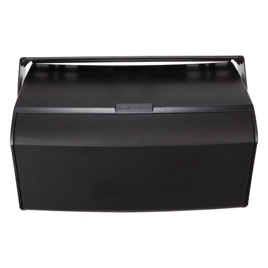 AD-S12 yoke mount in black front view showing U-bracket spanning the top of the perforated steel grille cabinet, Q-SYS