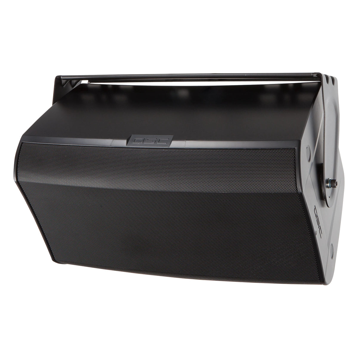 AD-S12 yoke mount in black front-left angle detailing the pivot bolt hardware on the enclosure side panel, Q-SYS
