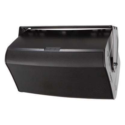 AD-S12 yoke mount in black front-left angle detailing the pivot bolt hardware on the enclosure side panel, Q-SYS