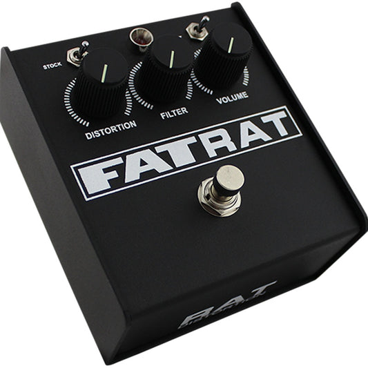 ProCo Sound FATRAT distortion pedal angled view showing Distortion, Filter and Volume knobs and footswitch
