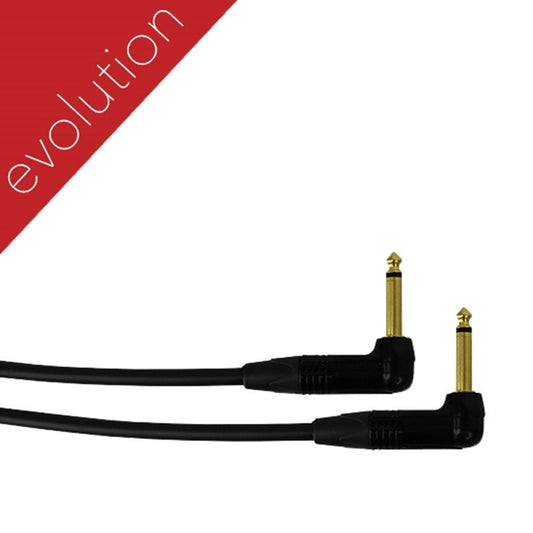 ProCo Sound Evolution instrument cable close-up of two gold right-angle 1/4" plugs with black boots