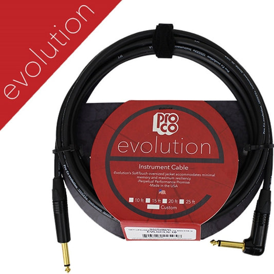 ProCo Sound Evolution instrument cable coiled with hook-and-loop strap and Evolution label card