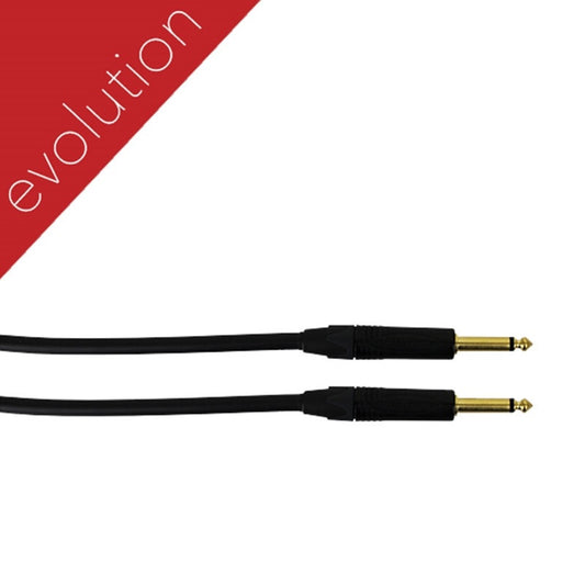 ProCo Sound Evolution instrument cable close-up of two straight gold-tip 1/4" plugs on black jacket