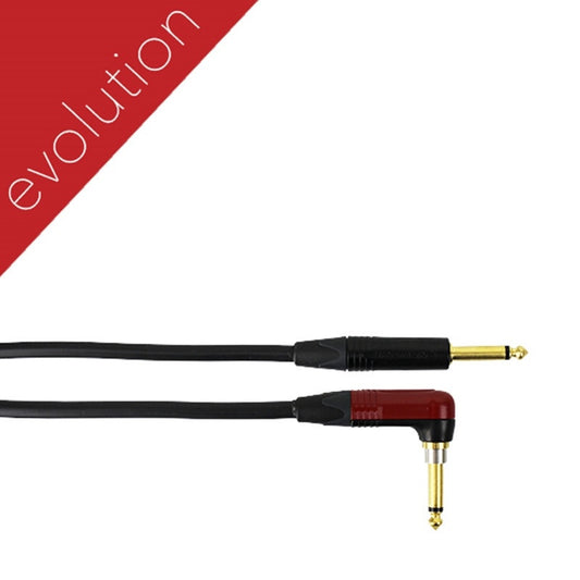 Pro Co evolution silent instrument cable end detail with gold straight and red right-angle 1/4" plugs