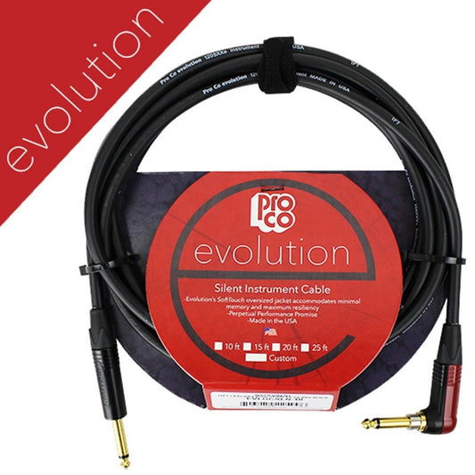ProCo Sound Evolution silent instrument cable coiled with hook-and-loop strap and red packaging label