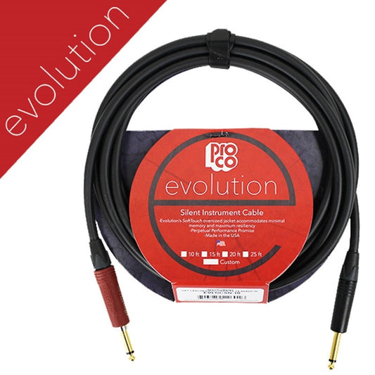 ProCo Sound Evolution silent instrument cable coiled with red label wrap and both straight plugs shown