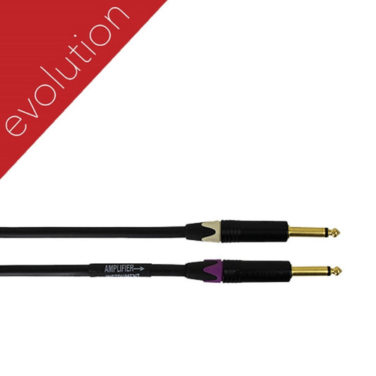 ProCo Sound Evolution instrument cable close-up of gold 1/4" plugs with purple and tan collars