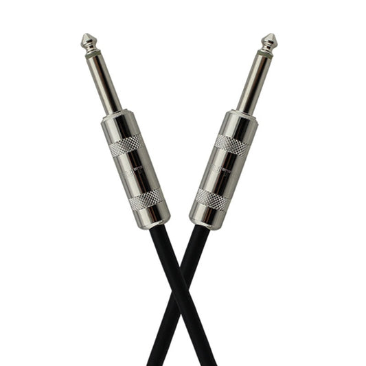 Close-up of ProCo Sound StageMASTER cable's two nickel 1/4" plugs with knurled barrels crossed