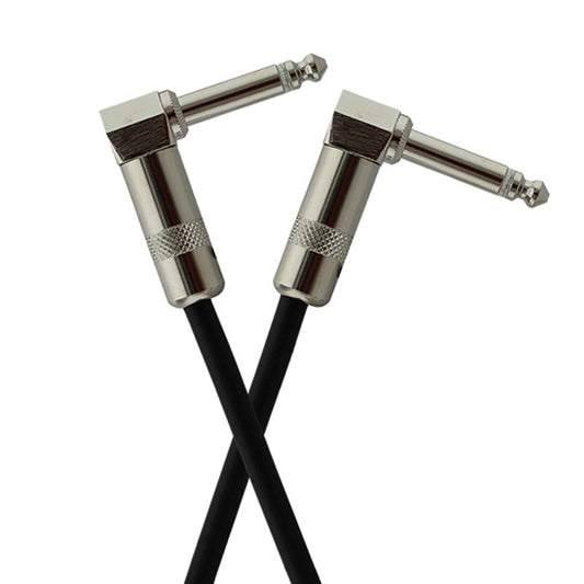 Close-up of ProCo Sound StageMASTER cable ends showing nickel right-angle 1/4" connectors on black jacket