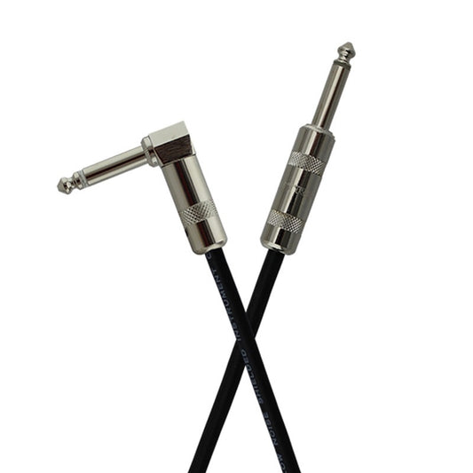 Close-up of StageMASTER cable nickel right angle and straight 1/4" connectors crossed