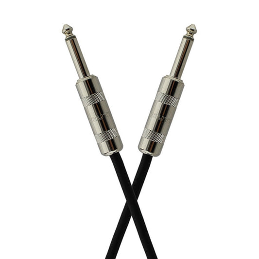 Close-up of the nickel 1/4" plugs on the ProCo Sound StageMaster speaker cable, ends crossed
