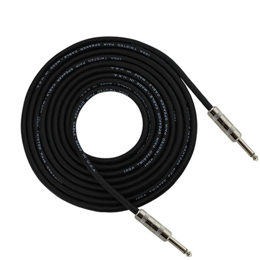 ProCo Sound StageMaster 18GA speaker cable coiled with two 1/4" plugs and printed black jacket
