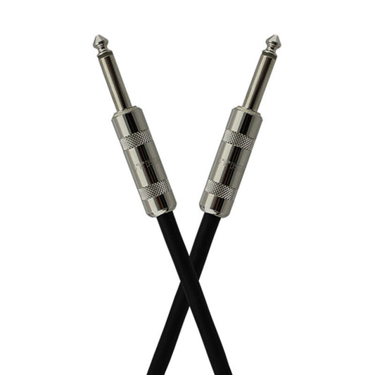 Close-up of ProCo Sound StageMaster speaker cable nickel 1/4" plugs with knurled barrels crossed