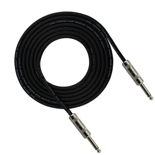 ProCo Sound StageMaster 16GA speaker cable coiled with printed jacket text and two 1/4" plugs