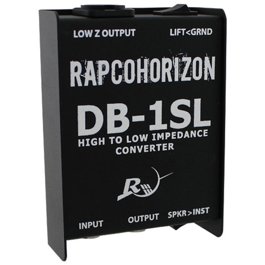 RapcoHorizon DB-1SL direct box angled view showing black top panel with ground lift and impedance labeling