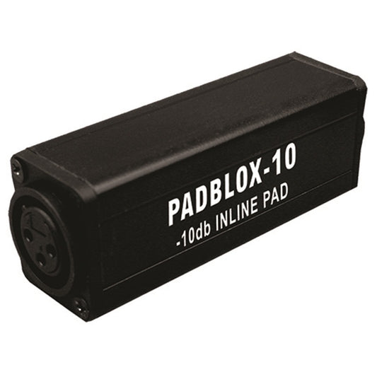 RapcoHorizon PADBLOX-10 inline XLR pad attenuator, angled view of black metal box with female XLR end
