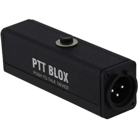 RapcoHorizon PTTBLOX inline push-to-talk switch, angled view showing top button and male XLR end