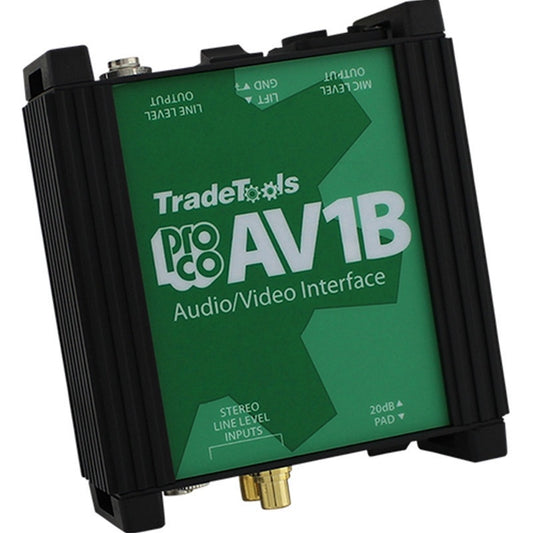 ProCo Sound AV1B audio/video interface DI box at an angle showing green top panel labeling and ribbed housing