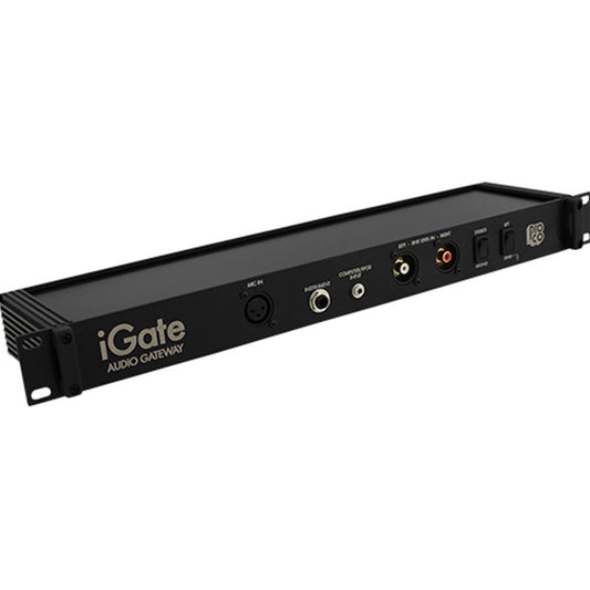 ProCo Sound iGate Audio Gateway angled view showing rack ears, XLR mic in, and RCA line inputs