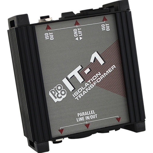 ProCo IT-1 isolation transformer angled view showing top panel labels for ISO OUT, GND LIFT and parallel line in/out