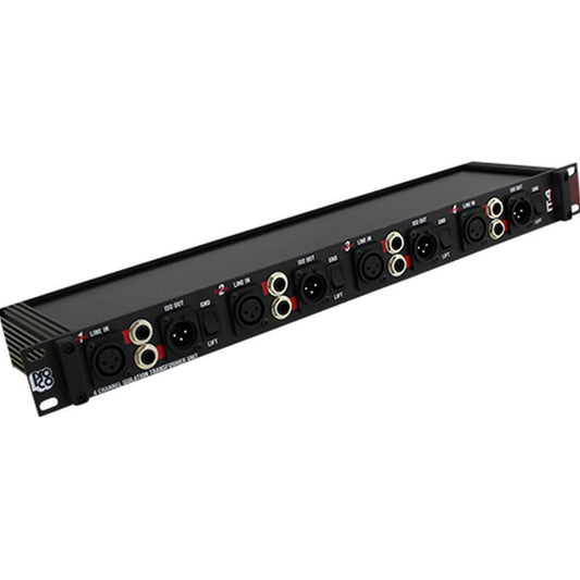 ProCo IT-4A 4-channel isolation transformer, angled view of rack panel with XLR and TRS jacks