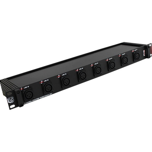 ProCo IT-8 isolation transformer angled view showing 1U rack front panel with numbered line in XLR jacks