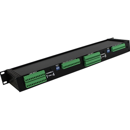 ProCo Sound LS82 eight-channel line splitter angled view with green terminal block connectors and rack ears