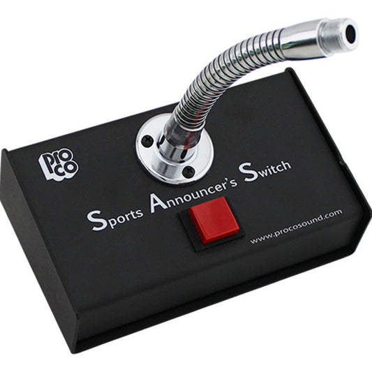 ProCo Sound SAS2 push-to-talk announcer switch at an angle with red button and chrome gooseneck
