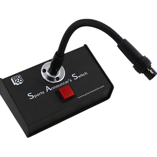 ProCo Sound SAS3 desktop push-to-talk mic switch at an angle with gooseneck arm and red button