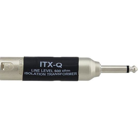 ProCo Sound ITX-Q inline isolation transformer side view with printed label between XLR and 1/4" plug