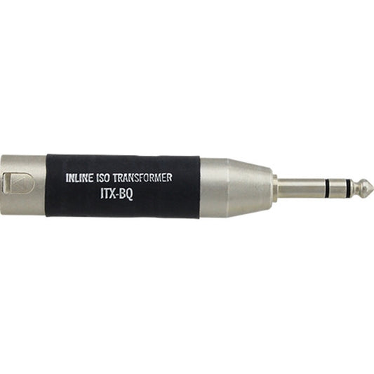 ProCo Sound ITX-BQ inline iso transformer side view with 1/4" plug and black label marking
