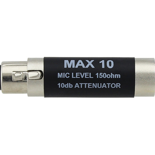 ProCo Sound MAX 10 inline pad side view with MIC LEVEL 150ohm 10db ATTENUATOR label