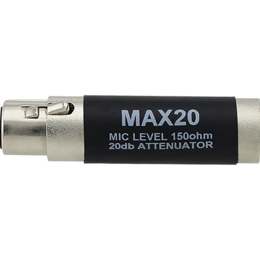 ProCo Sound MAX20 inline 20dB attenuator side view with mic level 150ohm label on black barrel