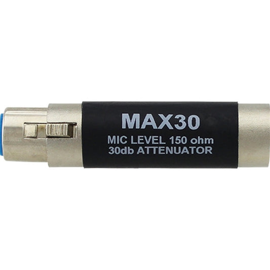 ProCo Sound MAX30 inline pad side view with printed mic level 150 ohm 30db attenuator label