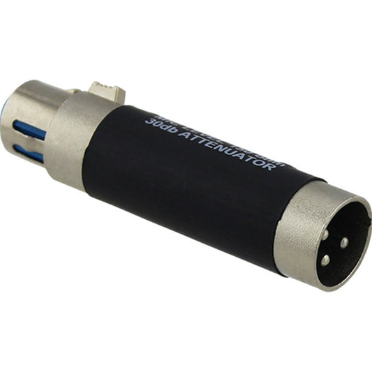 ProCo Sound MAX30 30dB inline attenuator angled view showing 3-pin male XLR end