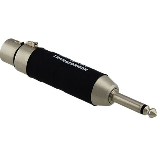 ProCo Sound 9144PC transformer adapter angled from the 1/4" plug side with black barrel label
