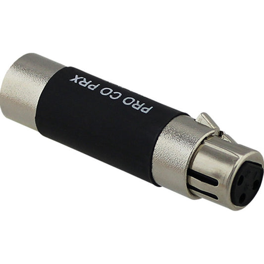ProCo Sound PRX polarity reverser angled view showing 3-pin female XLR end and nickel barrel