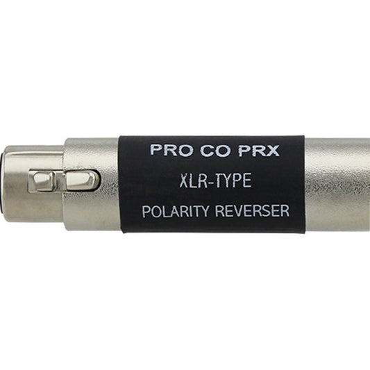 ProCo Sound PRX XLR polarity reversal adapter close-up showing PRO CO PRX XLR-TYPE POLARITY REVERSER label